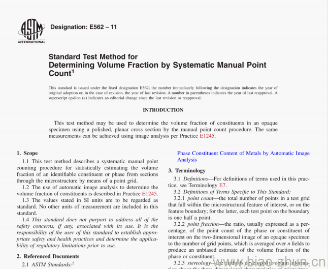 ASTM E562-11 Standard Test Method for Determining Volume Fraction by Systematic Manual PointCount